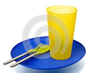 PlasticÃÂ plate,ÃÂ cup,ÃÂ spoon and fork